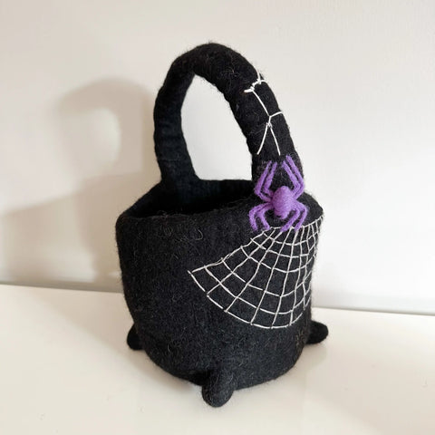 Felt Halloween Witch Cauldron Basket With Spider Web Detail