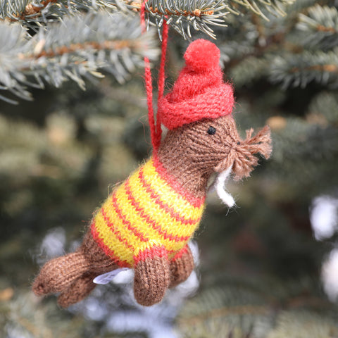 Handmade Knit Walrus Holiday Ornament