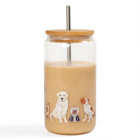 Furry Friends Dogs Glass Cup With Bamboo Lid & Stainless Steal Straw