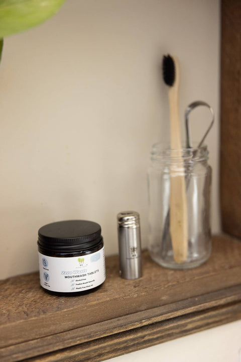 Zero Waste Mouthwash Tablets in Amber Glass Jar