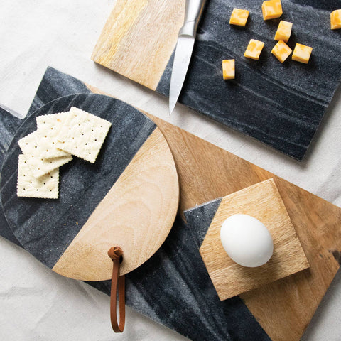 Black Rectangle Marble and Wood Serving Cutting Board