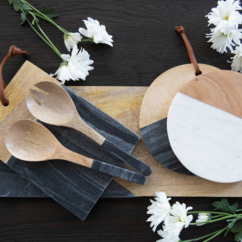 Black Rectangle Marble and Wood Serving Cutting Board
