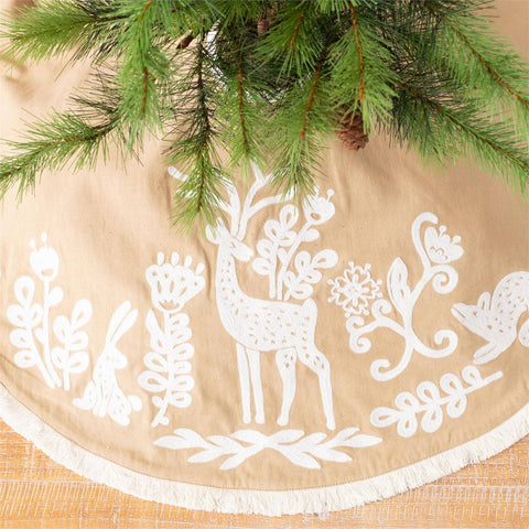 100% Cotton Woodland Animal Folkart Christmas Tree Skirt