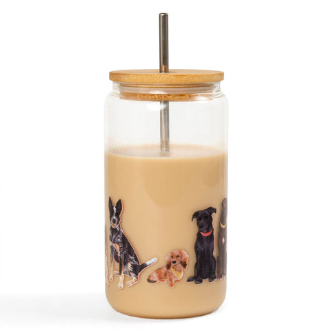 Furry Friends Dogs Glass Cup With Bamboo Lid & Stainless Steal Straw