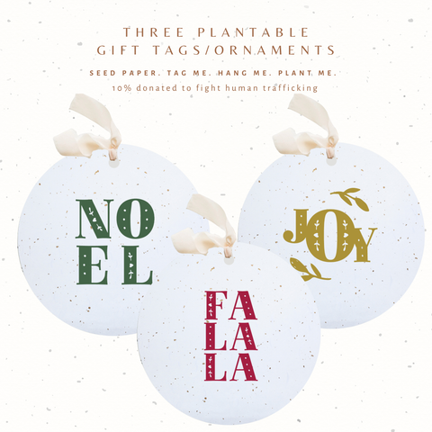 Plantable Seed Gift Tags /Ornaments Set of 3: JOY NOEL FA LA