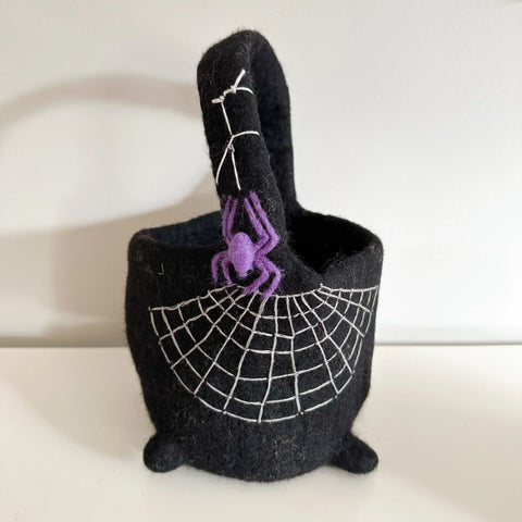Felt Halloween Witch Cauldron Basket With Spider Web Detail