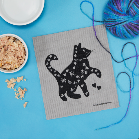 Cool Cat on Grey Swedish Dishcloth