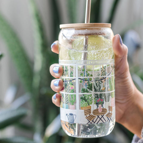 Greenhouse Glass With Bamboo Lid and Stainless Steel Straw