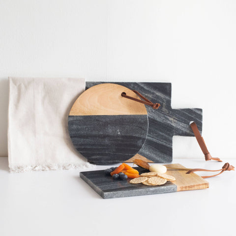 Black Rectangle Marble and Wood Serving Cutting Board