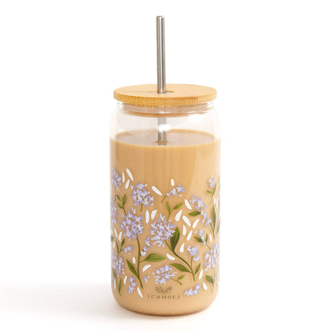 Hydrangeas Glass Cup with Bamboo Lid & Stainless Steel Straw