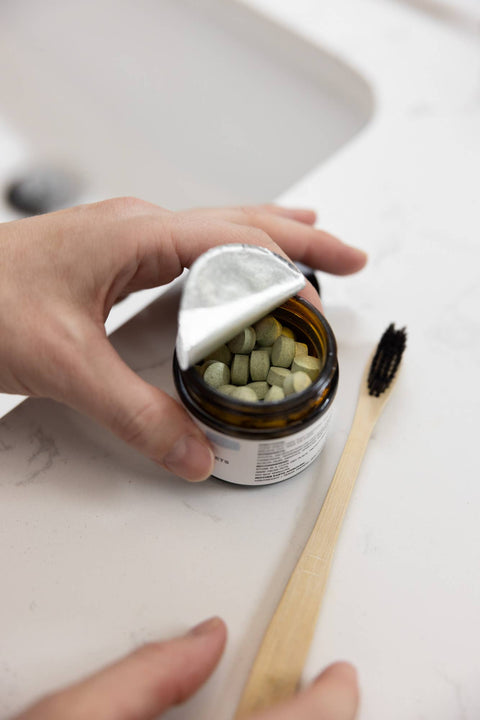 Zero Waste Mouthwash Tablets in Amber Glass Jar