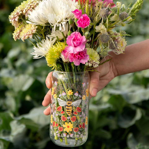 Save the Bees Glass Cup with Bamboo Lid & Stainless Steel Straw