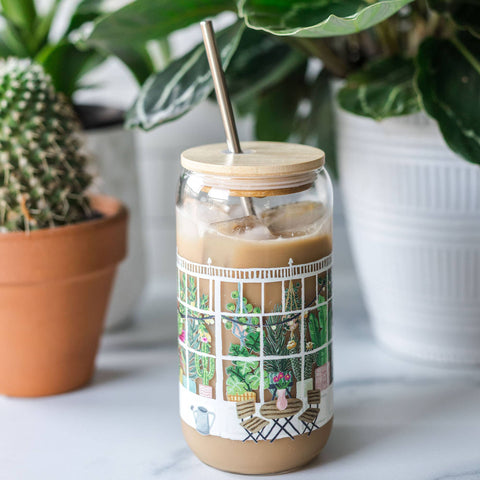 Greenhouse Glass With Bamboo Lid and Stainless Steel Straw