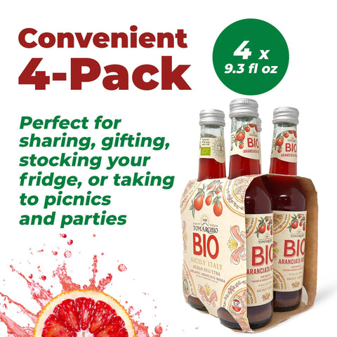 Tomarchio Organic Sicilian Blood Orange Soda, 4 x 9.3 Fl Oz (275ml) – Italian Sparkling Fruit Juice Drink