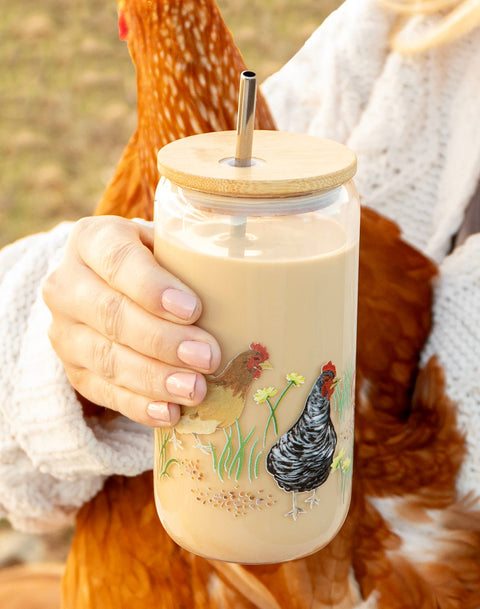 Chickens Glass Cup with Bamboo Lid and Stainless Steel Straw