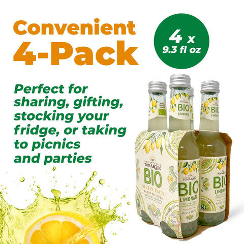 Tomarchio Organic Sicilian Lemon Soda, 4 x 9.3 Fl Oz (275ml) – Italian Sparkling Fruit Juice Drink