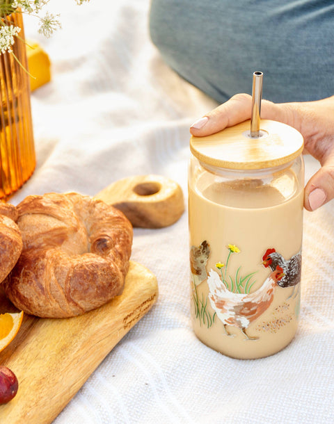 Chickens Glass Cup with Bamboo Lid and Stainless Steel Straw