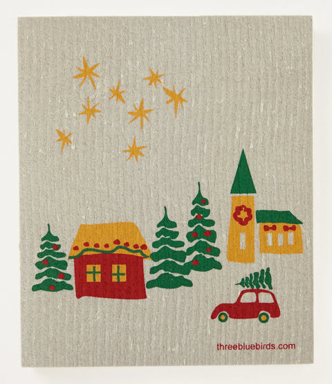 Christmas Village on Sand Swedish Dishcloth
