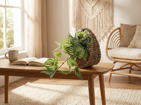 Trailing Faux Peperomia in Woven Basket