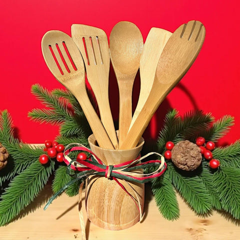 Bamboo Kitchen Utensil Set | 6 Piece w/ Crock