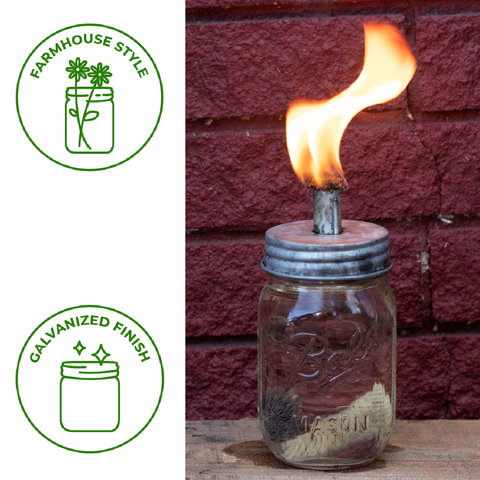 Tiki Torch Oil Lamp Lid in Galvanized Metal for Mason Jars