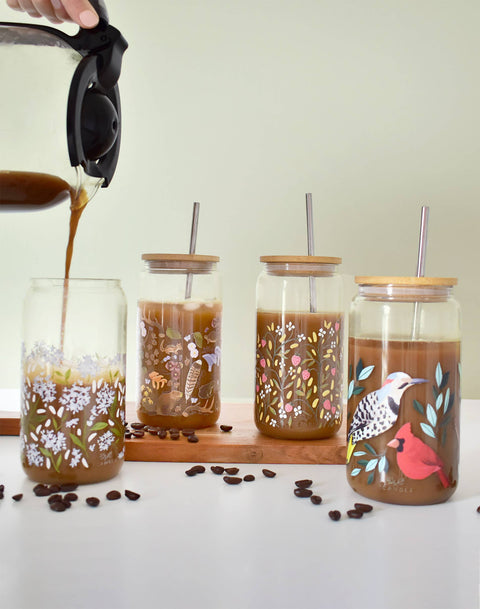 Hydrangeas Glass Cup with Bamboo Lid & Stainless Steel Straw