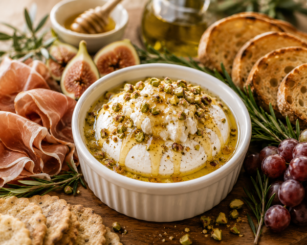 Burrata with olive oil, honey and pistachios