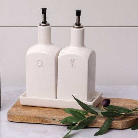 White Cottage Ceramic Oil and Vinegar Pair | Set of 2