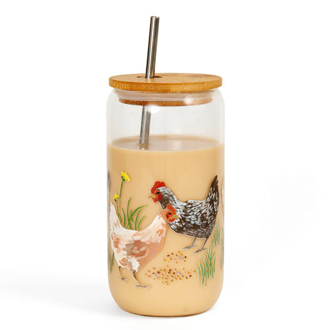 Chickens Glass Cup with Bamboo Lid and Stainless Steel Straw