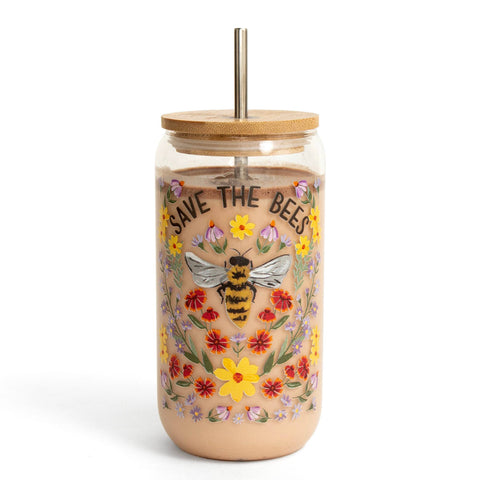 Save the Bees Glass Cup with Bamboo Lid & Stainless Steel Straw