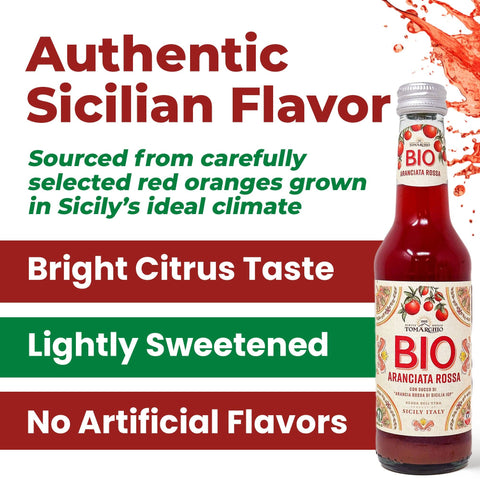 Tomarchio Organic Sicilian Blood Orange Soda, 4 x 9.3 Fl Oz (275ml) – Italian Sparkling Fruit Juice Drink