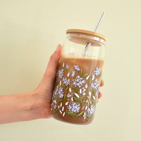 Hydrangeas Glass Cup with Bamboo Lid & Stainless Steel Straw