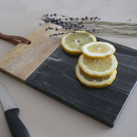 Black Rectangle Marble and Wood Serving Cutting Board