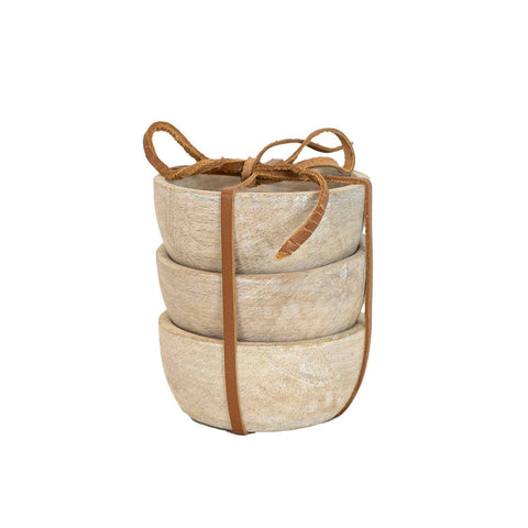 Ashton Set 3 Whitewash Wood Pinch Bowls With Leather Tie