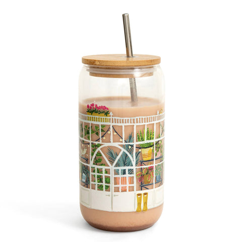 Greenhouse Glass With Bamboo Lid and Stainless Steel Straw