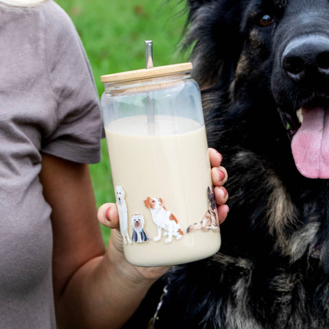 Furry Friends Dogs Glass Cup With Bamboo Lid & Stainless Steal Straw